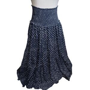LRL Ralph Lauren Skirt Navy Blue Tiered Midi full Peasant Smocked Waist Prairie